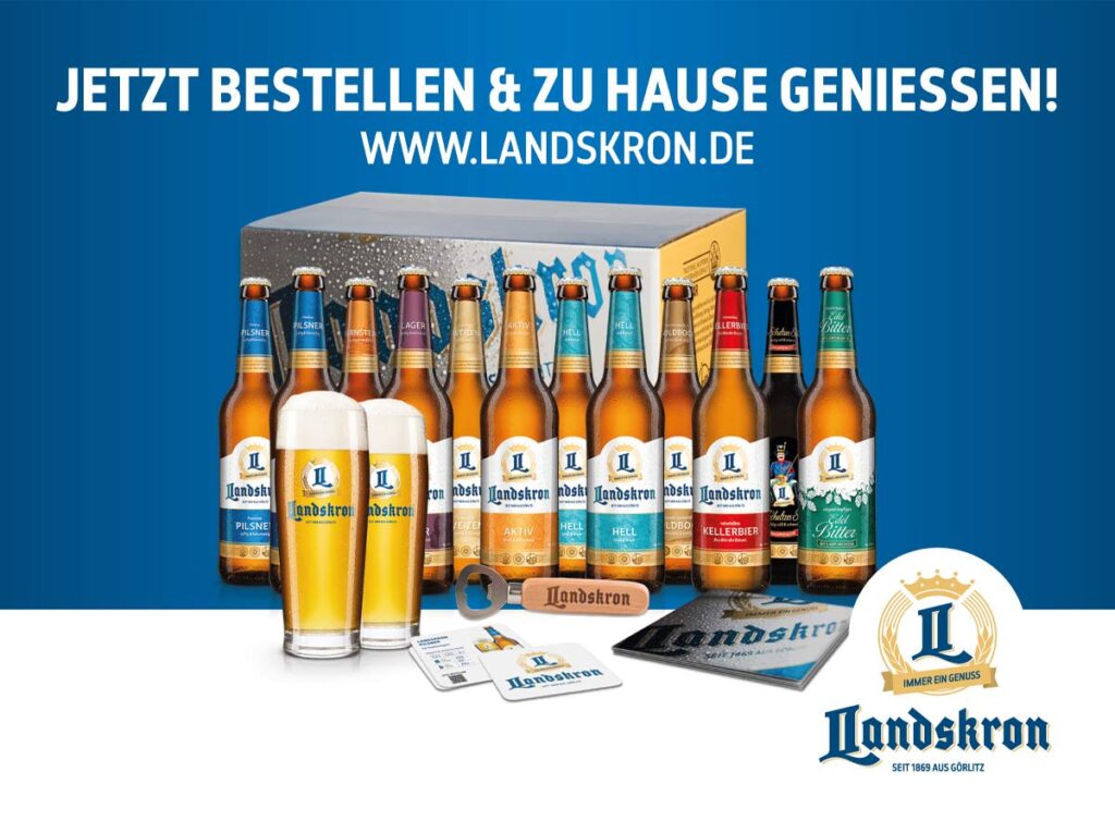 Werbeanzeige für Landskron-Bier mit sechs Flaschen verschiedener Sorten auf blauem Hintergrund und Aufschrift „Jetzt bestellen“.